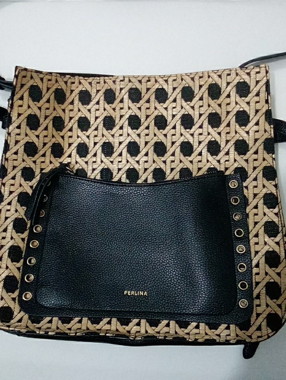 Perlina Black and Wicker Geometric Crossbody Bag